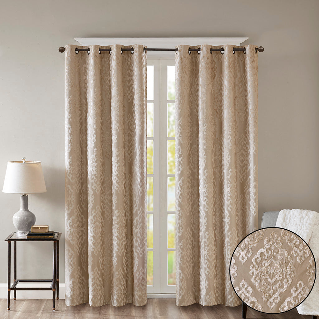 Knitted Jacquard Damask Total Blackout Grommet Top Curtain Panel Pair - Champagne