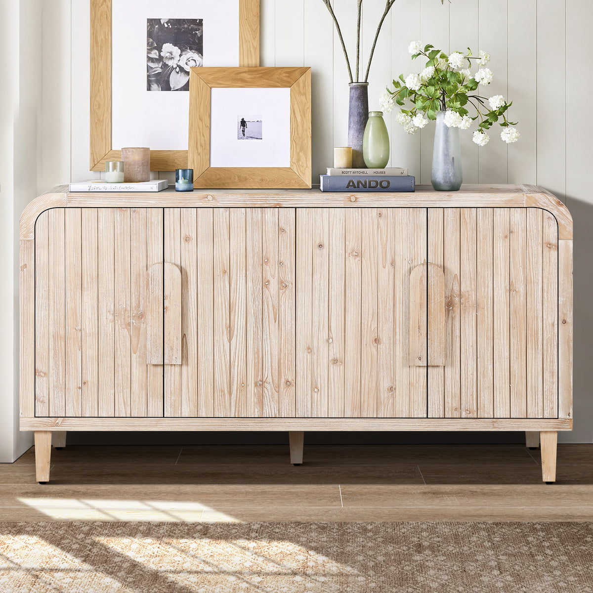 59'' Farmhouse Curved Vintage Storage Sideboard with Large Wooden Handles, Vertical Wood Grain Carving and Adjustable Shelves - Natural Wood Washed