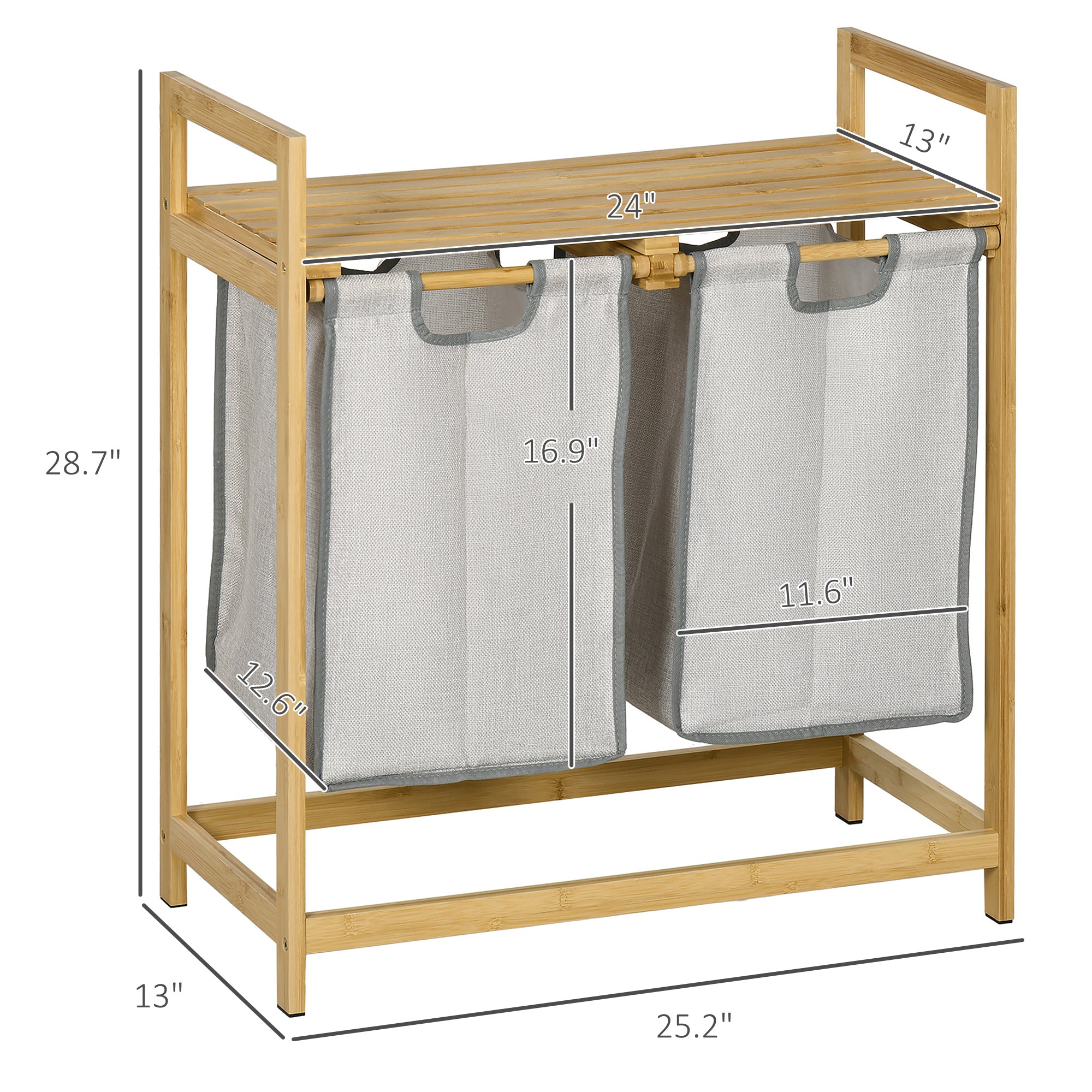 Double Laundry Hamper 2 Section Bamboo Laundry Basket with Storage Shelf 2 Pull-Out and Removable Bags - Natural Wood and Dark Gray