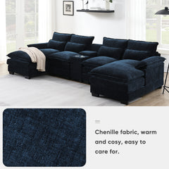 Modern Blue U-shaped Sofa with Cupholders and USB Ports, 6-seat Upholstered Symmetrical Indoor Furniture