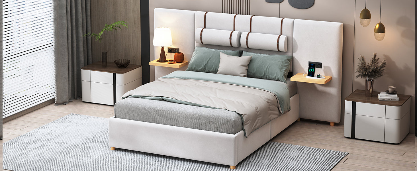 Full Size Upholstered Platform Bed, Two Outlets and USB Charging Ports on Both Sides, Two Bedside Pillows, Storage Shelves,Velvet - Beige