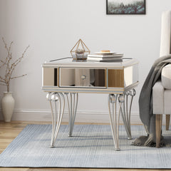 Mirrored Silver End Table Nightstand with 1 drawer for Bedroom or Living Room