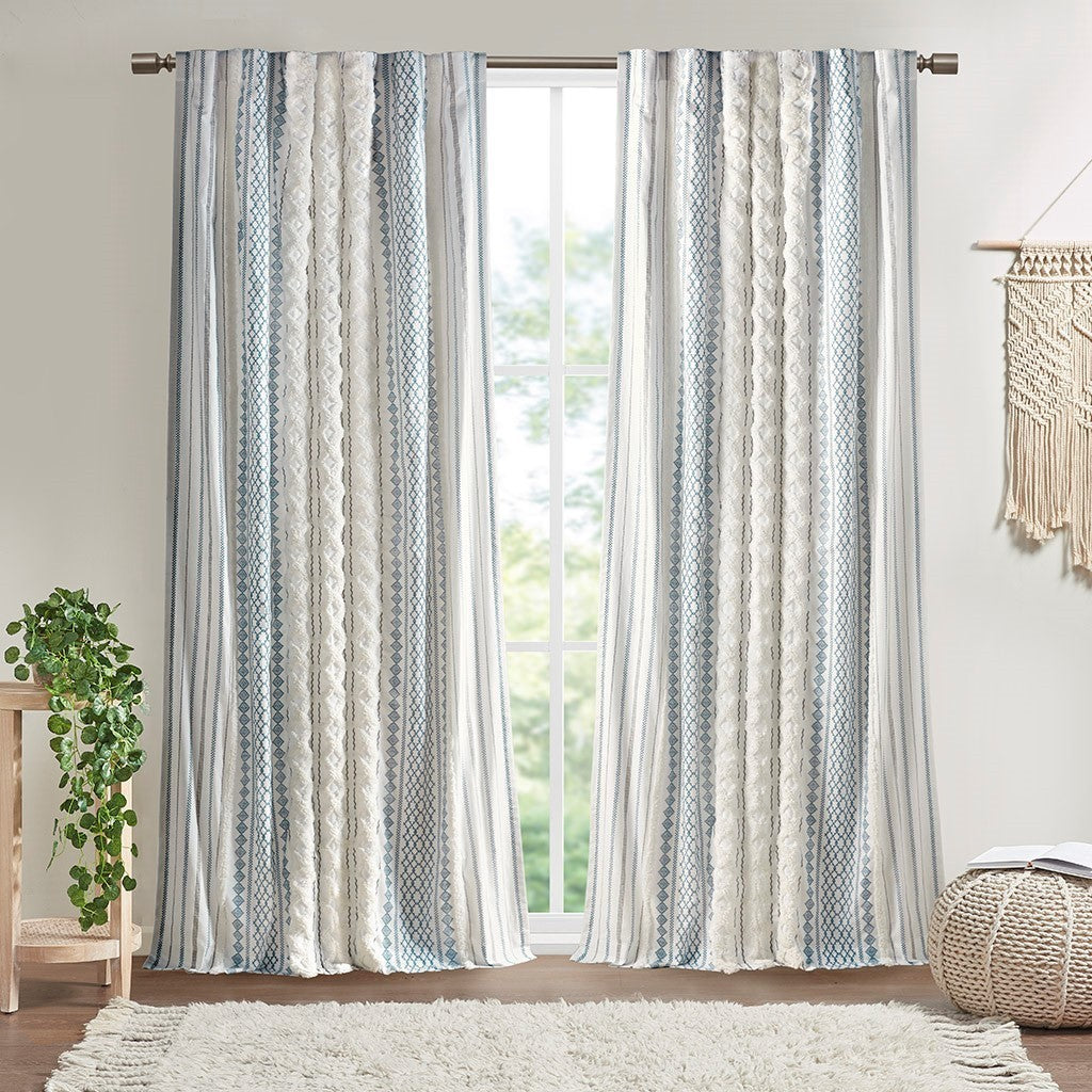 Cotton Printed Curtain Panel with Chenille Stripe and Lining - Ivory+Navy