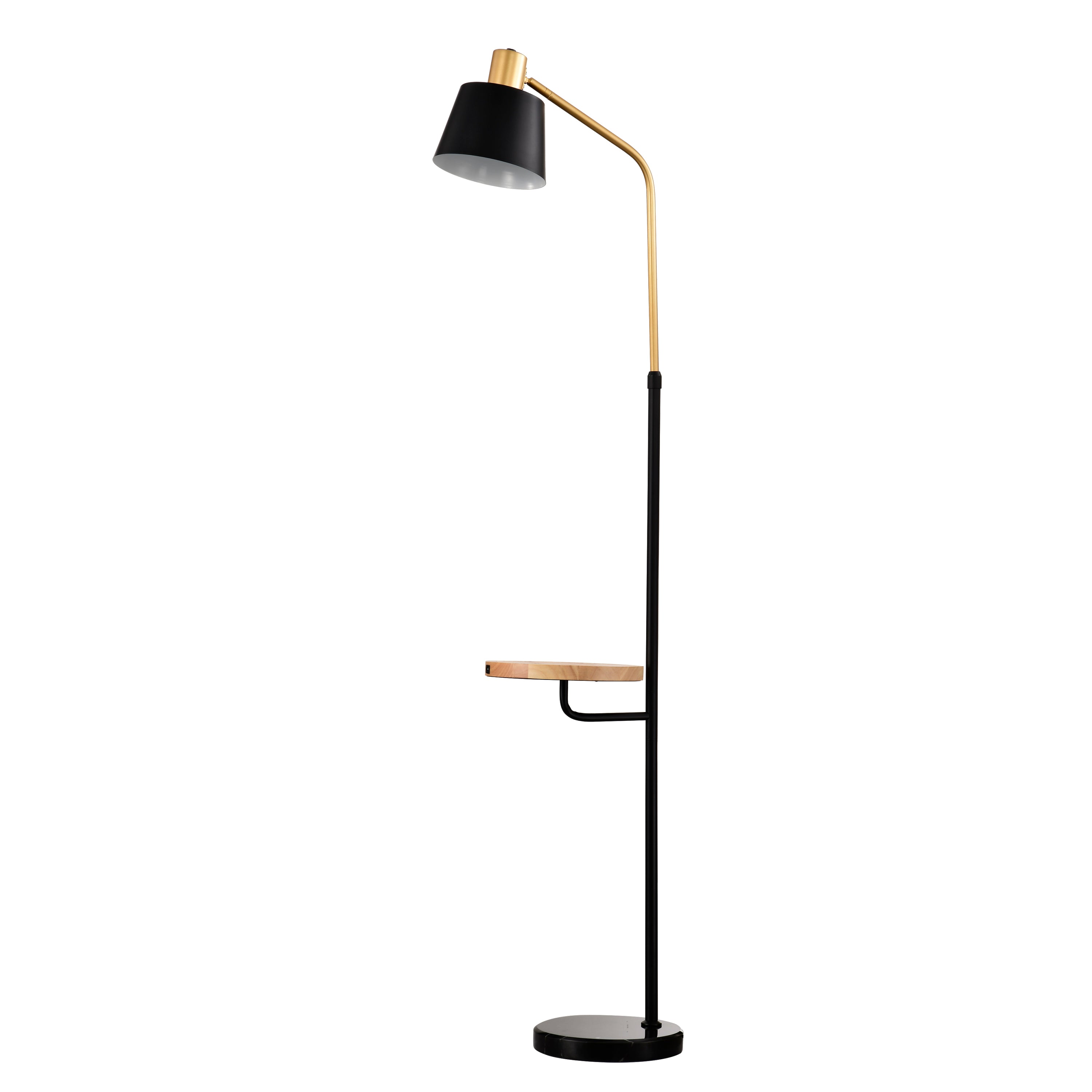 Real Marble Floor Lamp with Wood Bedside Nightstand End Table and Built-in USB Charging Port - Matte Gold + Matte Black