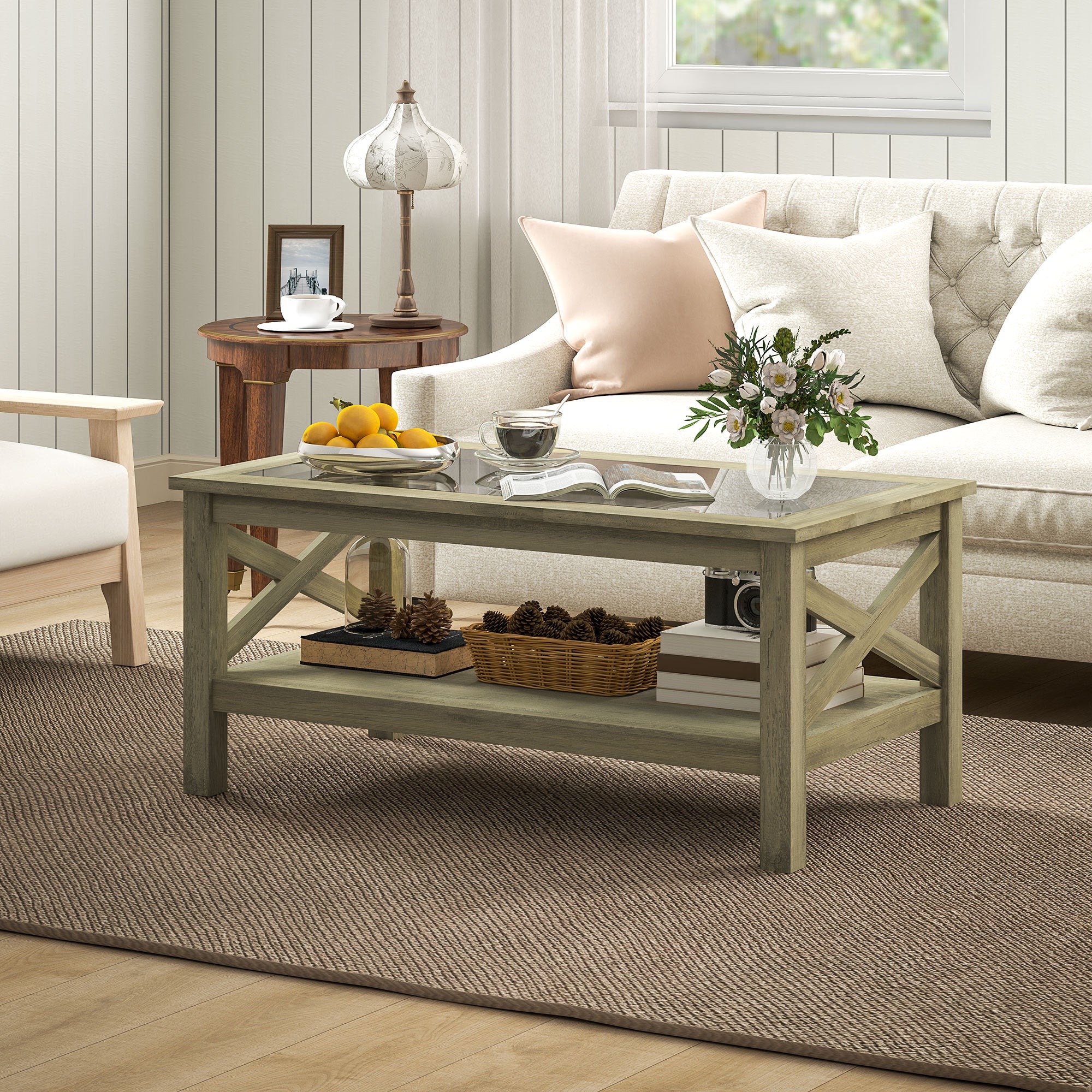 Glass Coffee Table, Modern Farmhouse Center Table with Storage with Classic X-Bar Style Sides, Gray