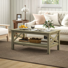 Glass Coffee Table, Modern Farmhouse Center Table with Storage with Classic X-Bar Style Sides, Gray