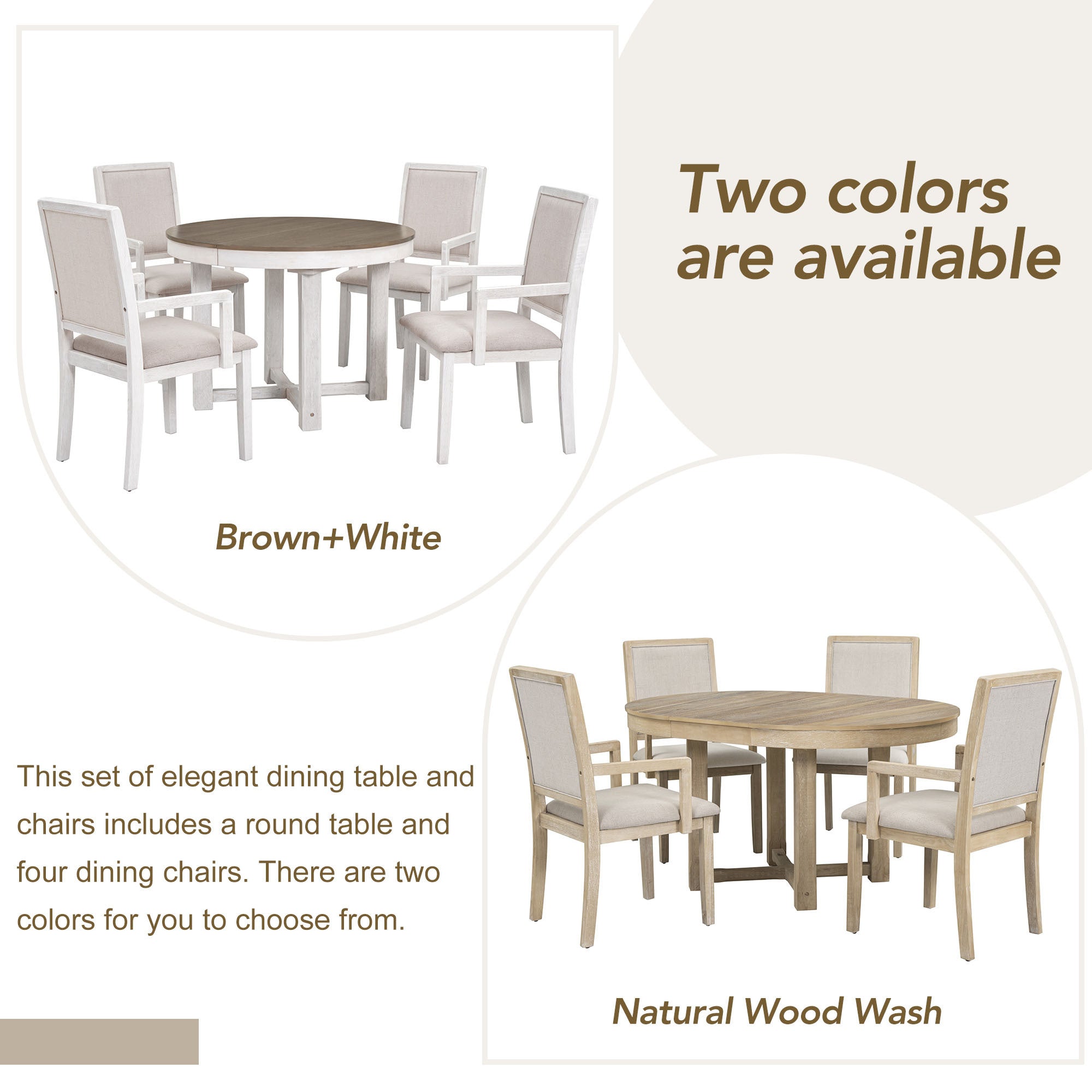 5-Piece Dining Table Set, Two-Size Round To Oval Extendable Butterfly Leaf Wood Dining Table and 4  Dining Chairs with Armrests - Natural Wood Wash