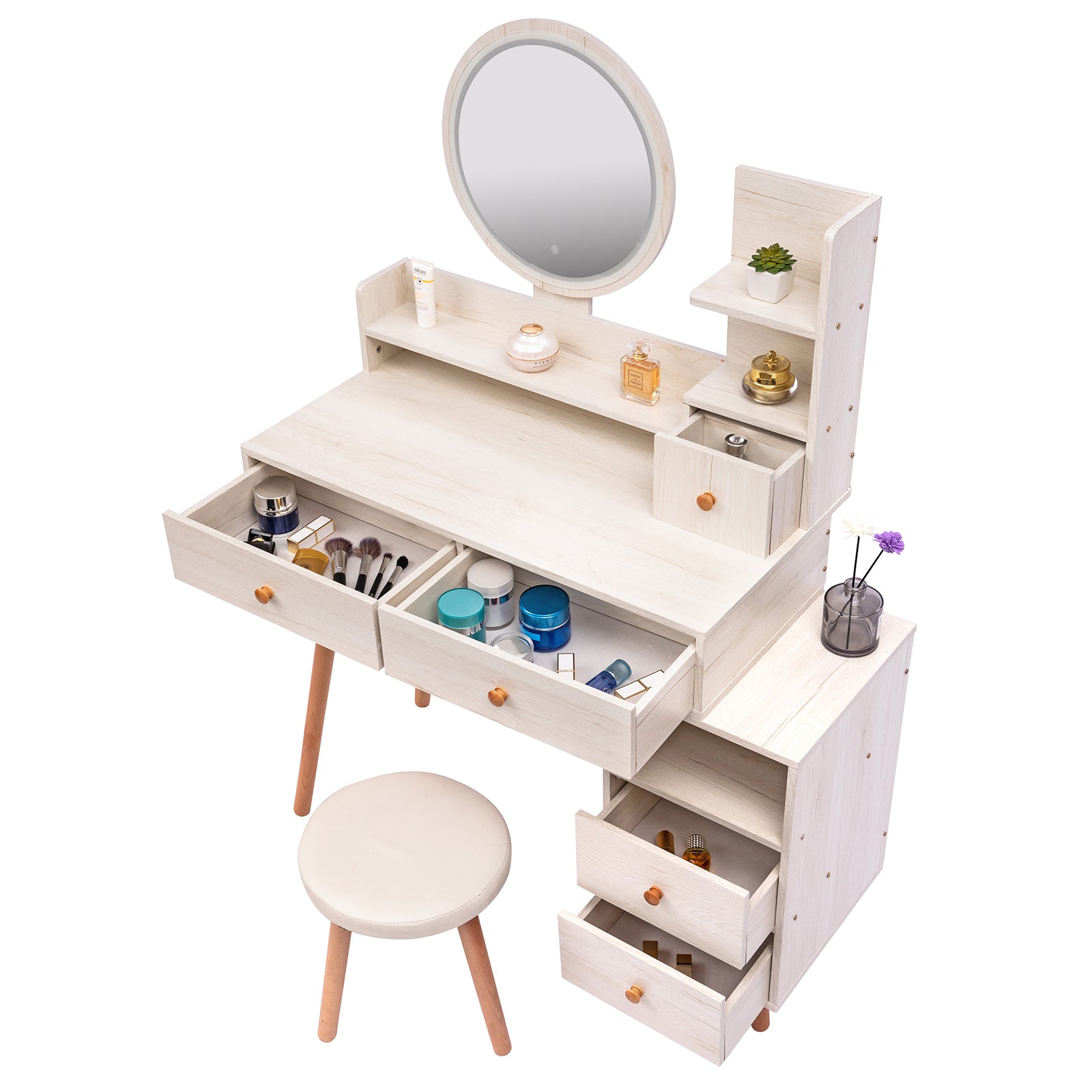 Stylish Vanity Table + Cushioned Stool, Touch Control LED Mirror, Large Capacity Storage Cabinet, 5 Drawers, Fashionable Makeup Furniture, Length Adjustable(L31.5"-43.2"x W15.8" x H48.1")