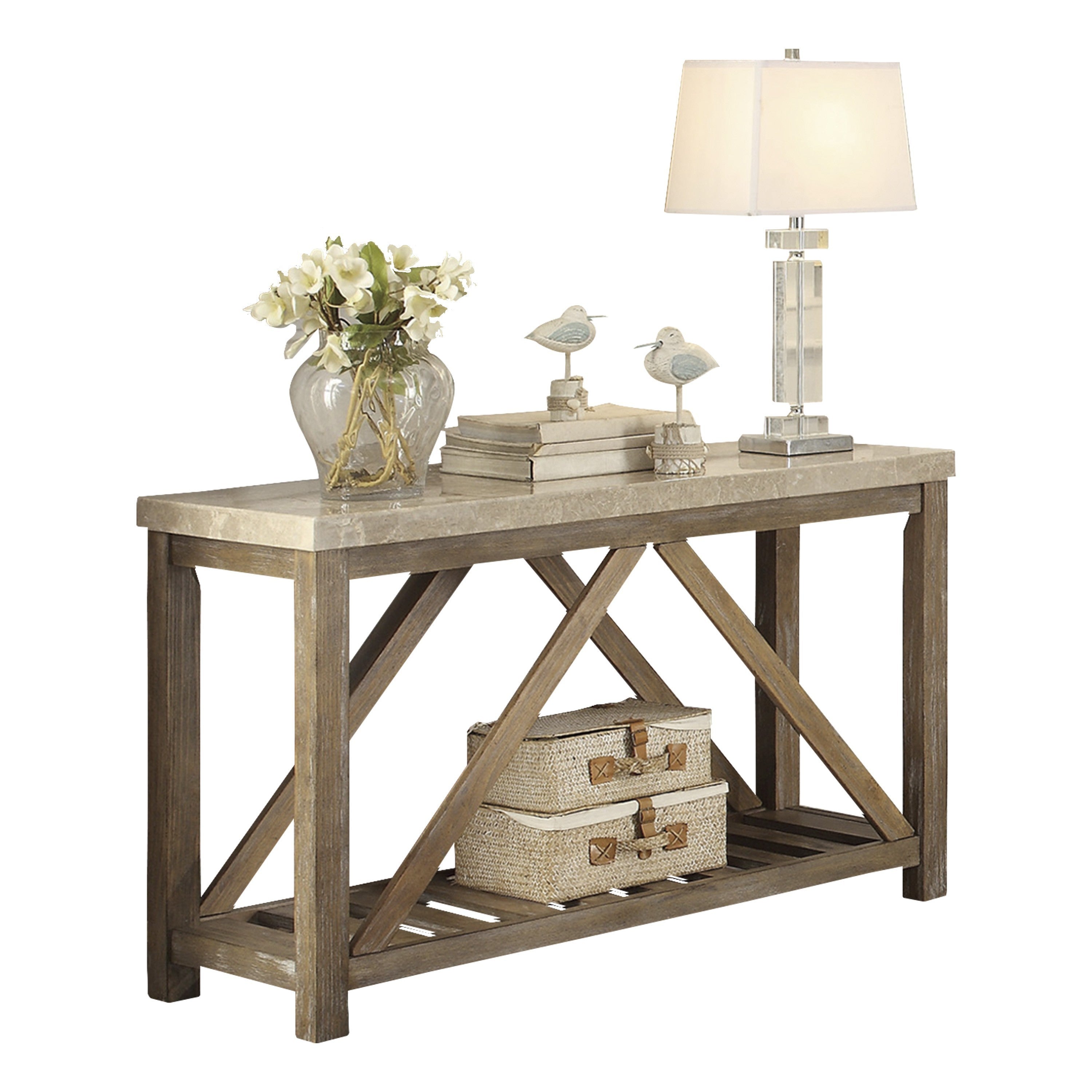 Industrial Style Angled Console Table with Bottom Shelf Marble Top Creamy White Wooden