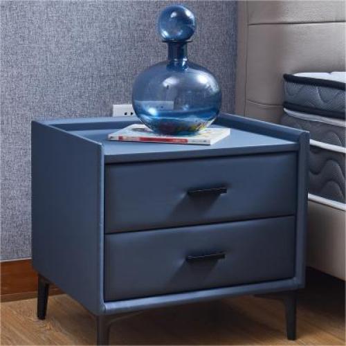 Modern Nightstand 2 Drawers with PU Leather and Hardware Legs - Grey Blue