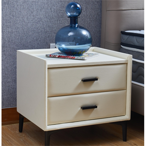 Modern Nightstand 2 Drawers with PU Leather and Hardware Legs - Beige