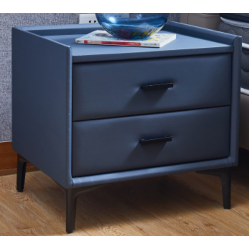 Modern Nightstand 2 Drawers with PU Leather and Hardware Legs - Grey Blue