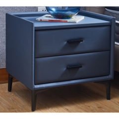 Modern Nightstand 2 Drawers with PU Leather and Hardware Legs - Grey Blue