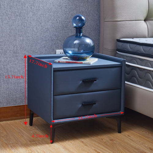 Modern Nightstand 2 Drawers with PU Leather and Hardware Legs - Grey Blue