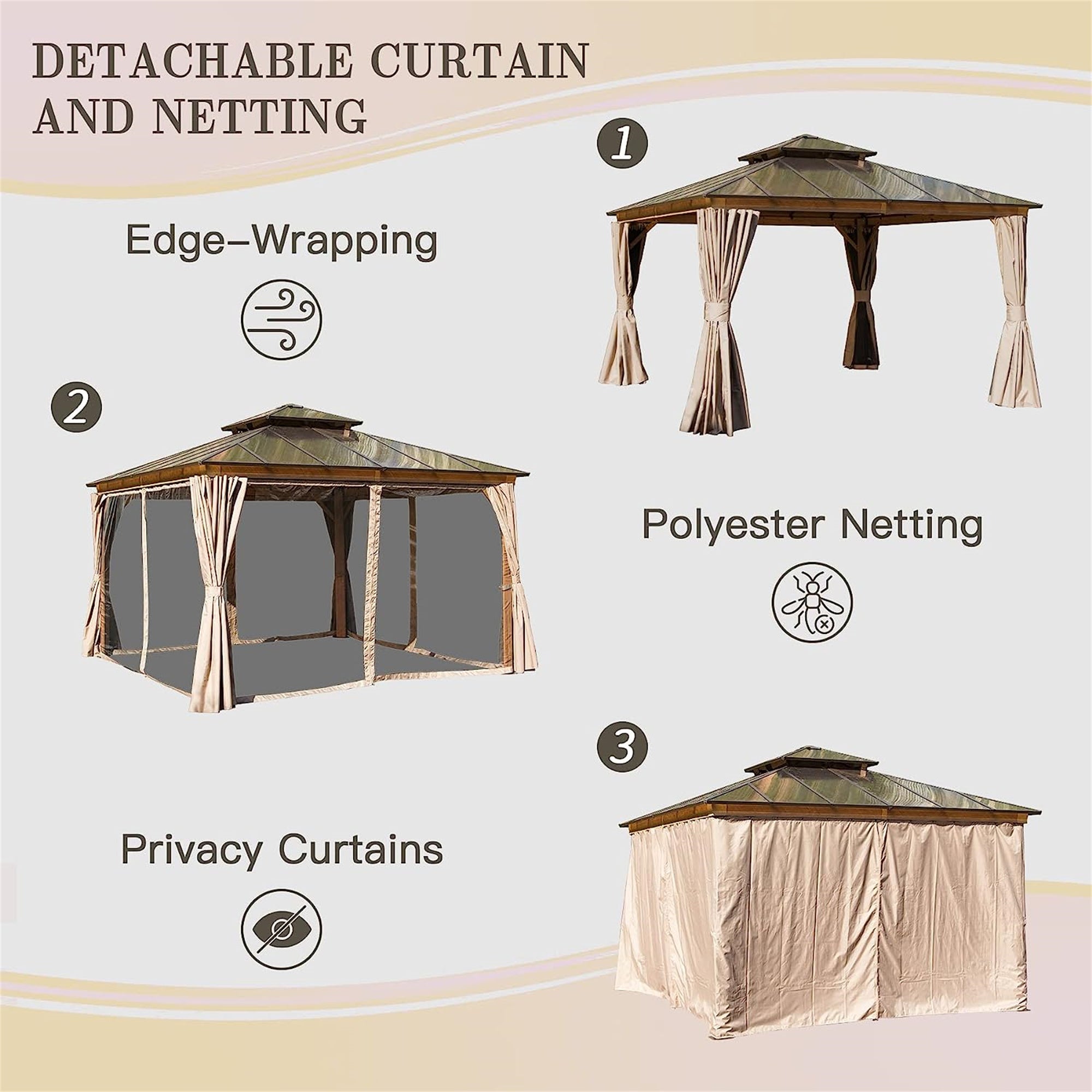 12'x12' Hardtop Gazebo, Permanent Outdoor Gazebo with Polycarbonate Double Roof, Aluminum Gazebo Pavilion with Curtain and Net for Garden, Patio, Lawns, Deck, Backyard (Wood-Looking)