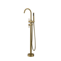 Single Handle Freestanding Tub Filler Floor Mount Bathtub Faucet with Handheld Shower - Brushed Gold