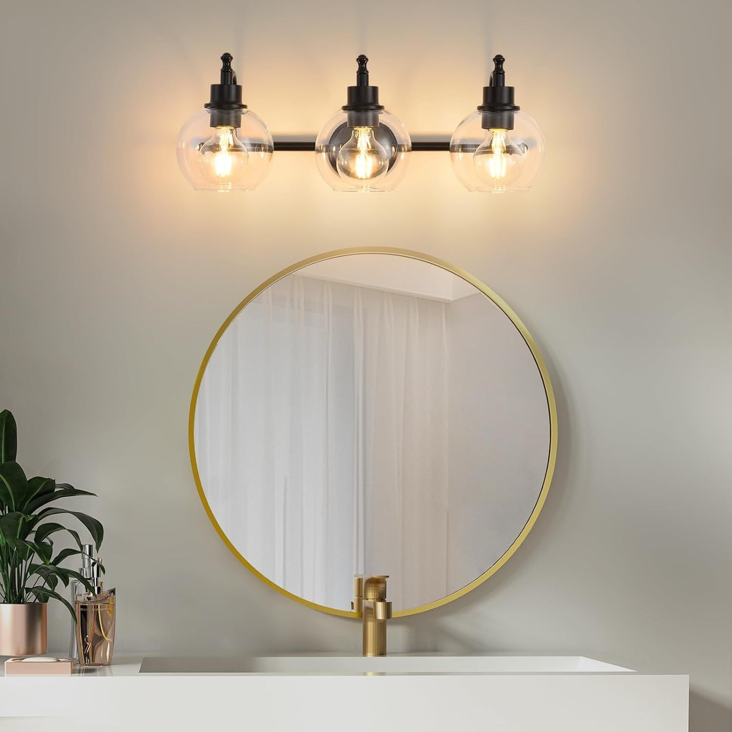 3-Lights Bathroom Vanity Lighting Fixtures Brushed Gold Modern Vanity Light 22Inch Bathroom Light Fixture Bathroom Lights Over Mirror with Clear Glass Shade (E26 Base)