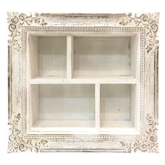 28 Inch Rectangular Wall Mount Mango Wood Shelf, 4 Compartments, Floral Carving, Distressed White