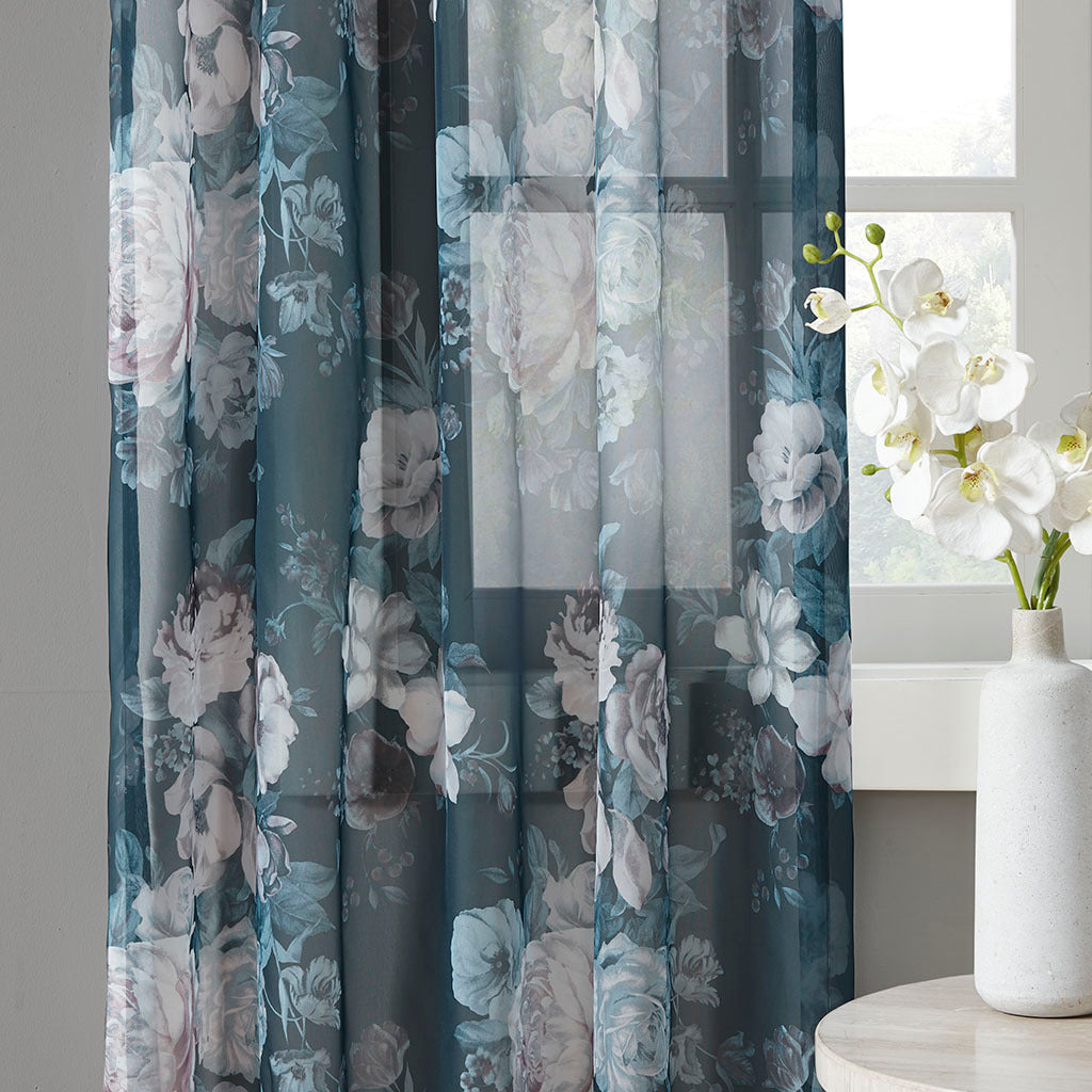 Printed Floral Rod Pocket and Back Tab Voile Sheer Curtain - Navy