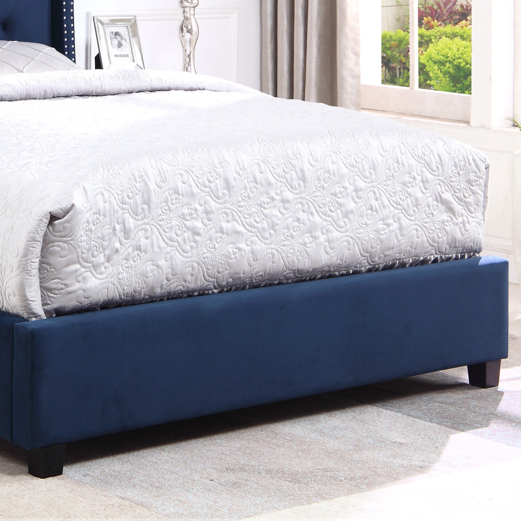 Queen Size Summit Fabric Button Tufted Wingback Upholstered Bed with Nail Head Trim, Blue