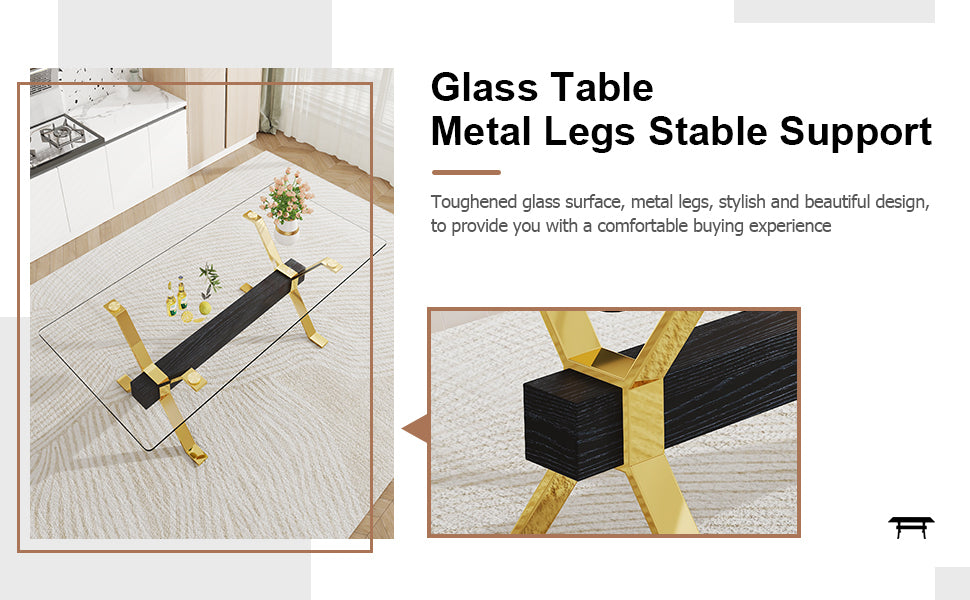 Modern And Luxurious Tempered Glass Rectangular Dining Table With 8 Black PU Gold Plated Leg Chairs