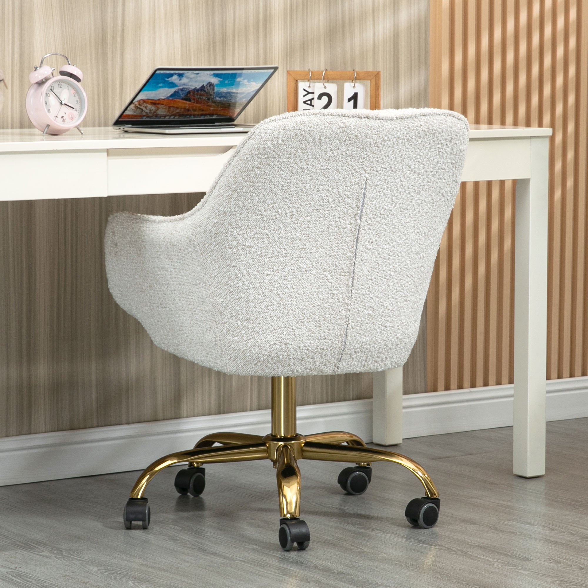 360° Beige Boucle Fabric Swivel Chair With High Back - Beige