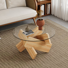 Circular Glass Coffee Table, 33.4-inch Modern, Tempered Glass Countertop, Wood Colored MDF Table Legs