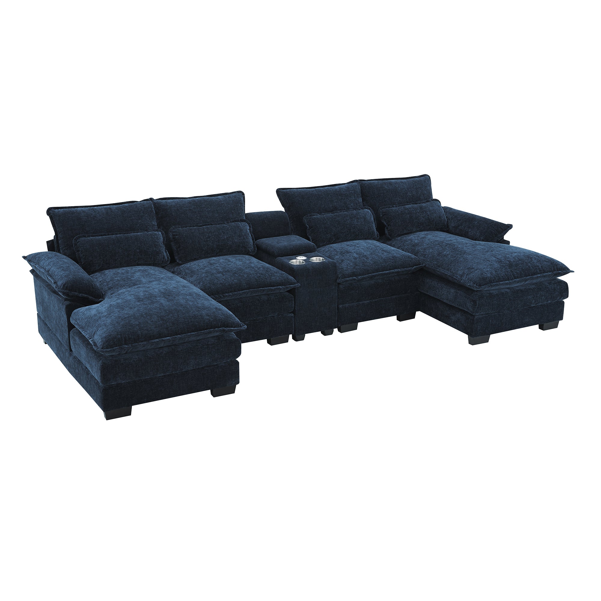 Modern Blue U-shaped Sofa with Cupholders and USB Ports, 6-seat Upholstered Symmetrical Indoor Furniture