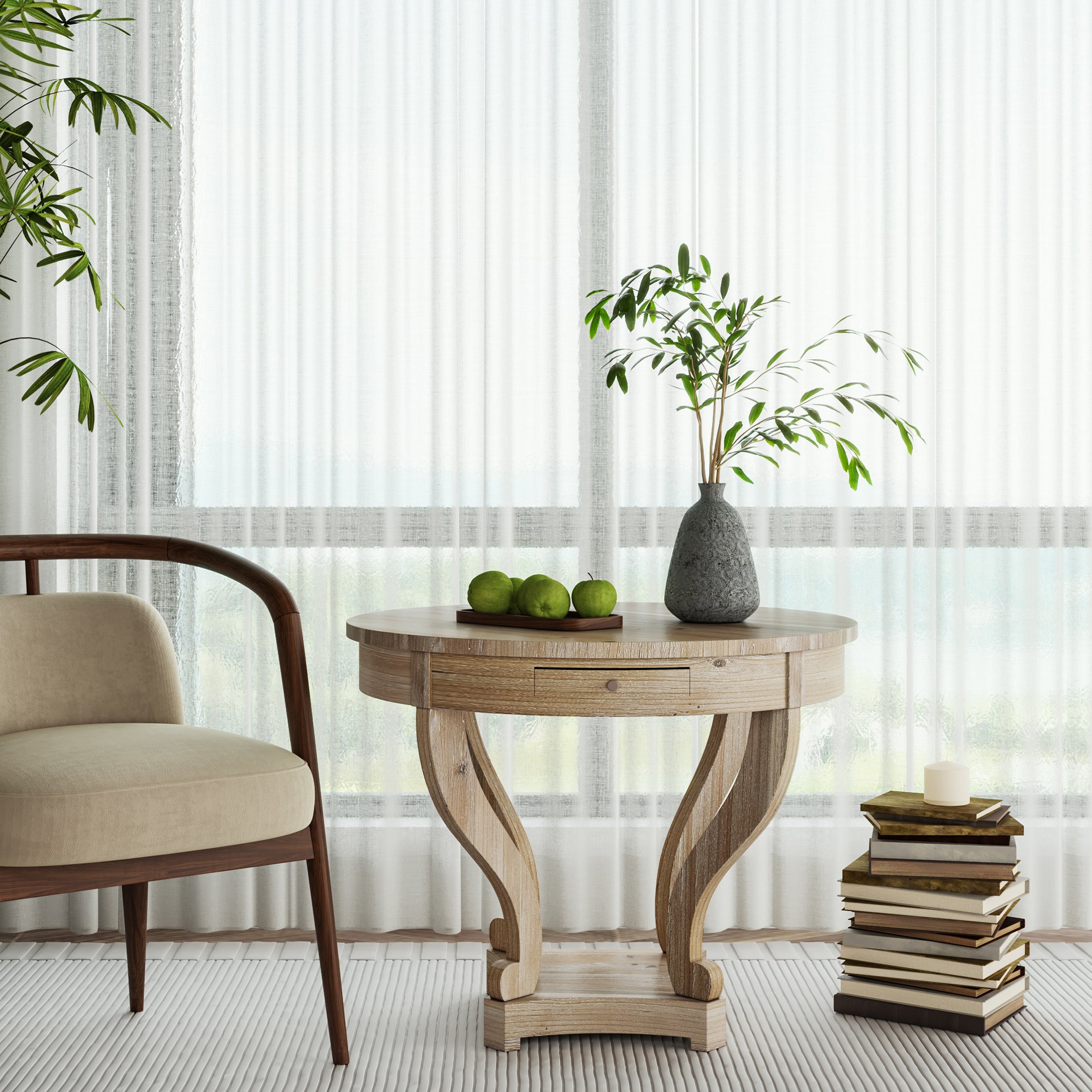 Farmhouse Style Round End Table - Natural Wood Grain Distressed