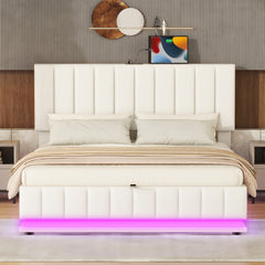 Queen Size Upholstered Bed with Hydraulic Storage System and LED Light, Modern Platform Bed with Sockets and USB Ports - White