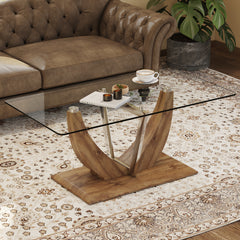 Modern Minimalist Transparent Tempered Glass Coffee Table with Wooden MDF legs and Stainless Steel Decorative Columns