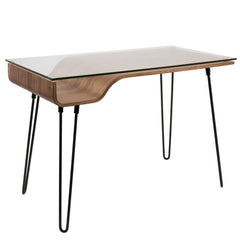 Modern Desk in Walnut Wood, Clear Glass, Black Metal