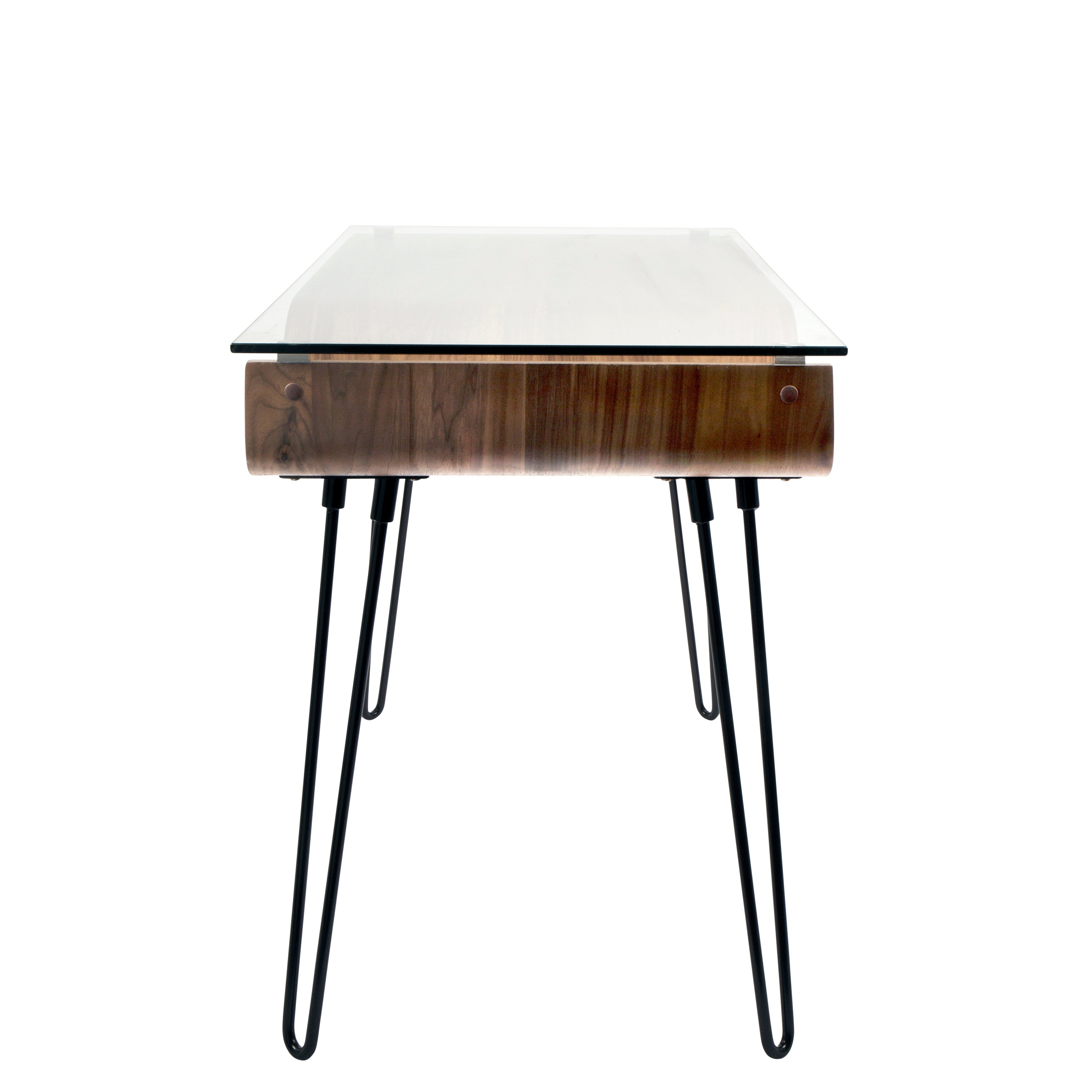 Modern Desk in Walnut Wood, Clear Glass, Black Metal