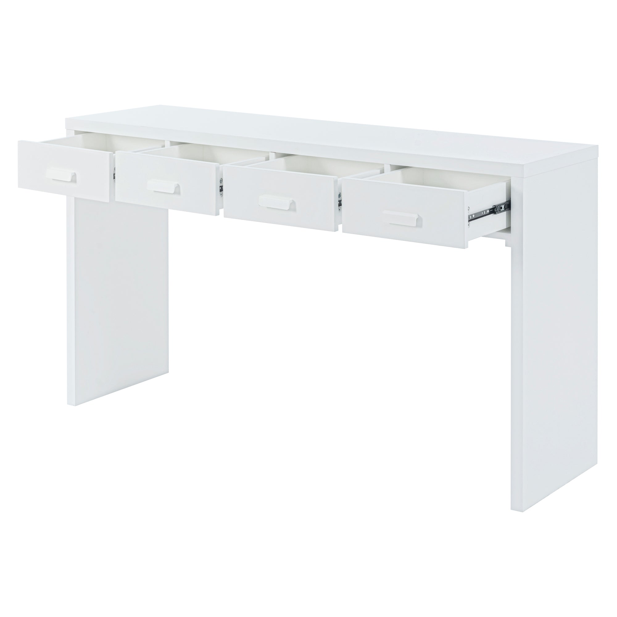 Modern Minimalist Console Table with Open Tabletop and Four Drawers with Metal Handles - White