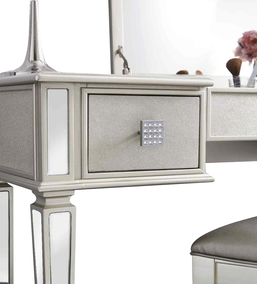 Mirrored Vanities Desk with Drawers, Bedroom Makeup Vanity Table Set with Mirror and Stool - Silver