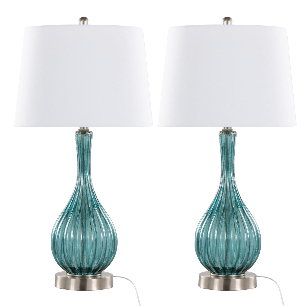 27" Contemporary Table Lamp in Clear Sapphire Blue Crackle Glass, Brushed Nickel and White Linen Shade - Set of 2