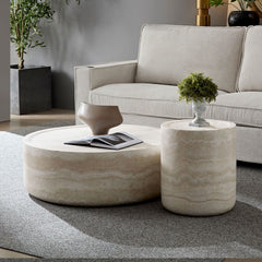 Modern Set of 2 Faux Travertine Textured Pattern Coffee Tables - No Need Assembly.