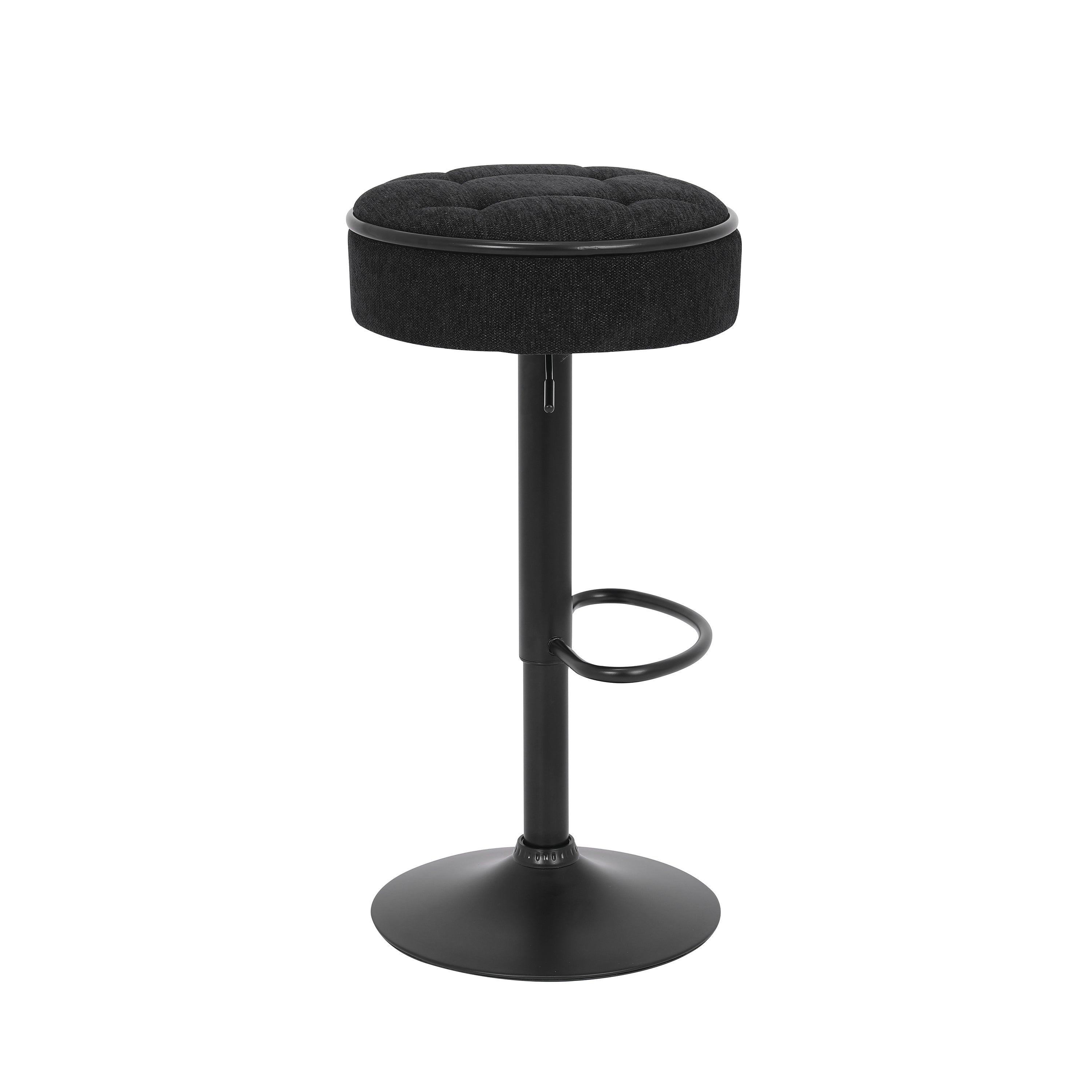 Set of 2 Round Storage Bar Stool Black Linen Height Adjustable Barstool, 360°Counter Height Swivel