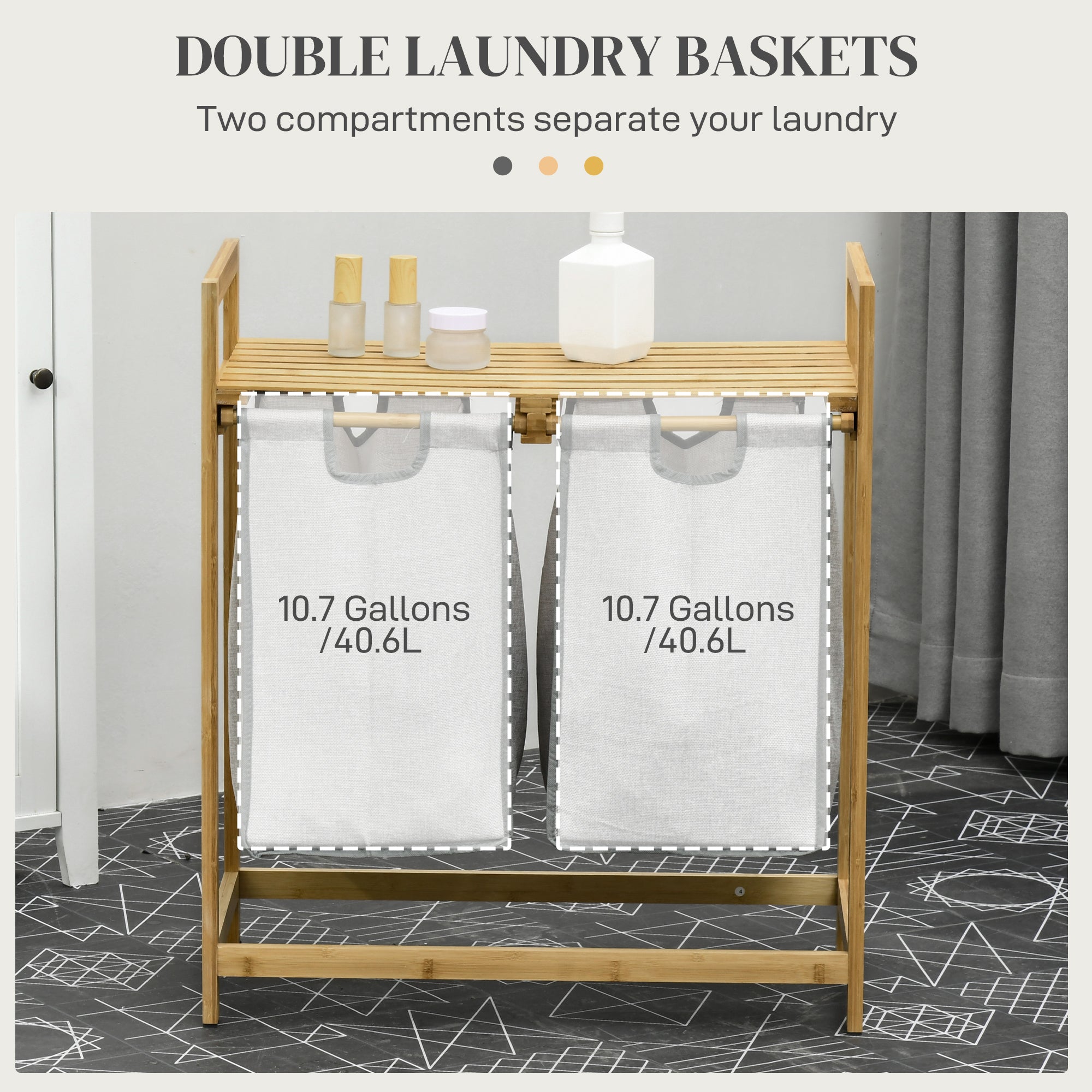 Double Laundry Hamper 2 Section Bamboo Laundry Basket with Storage Shelf 2 Pull-Out and Removable Bags - Natural Wood and Dark Gray