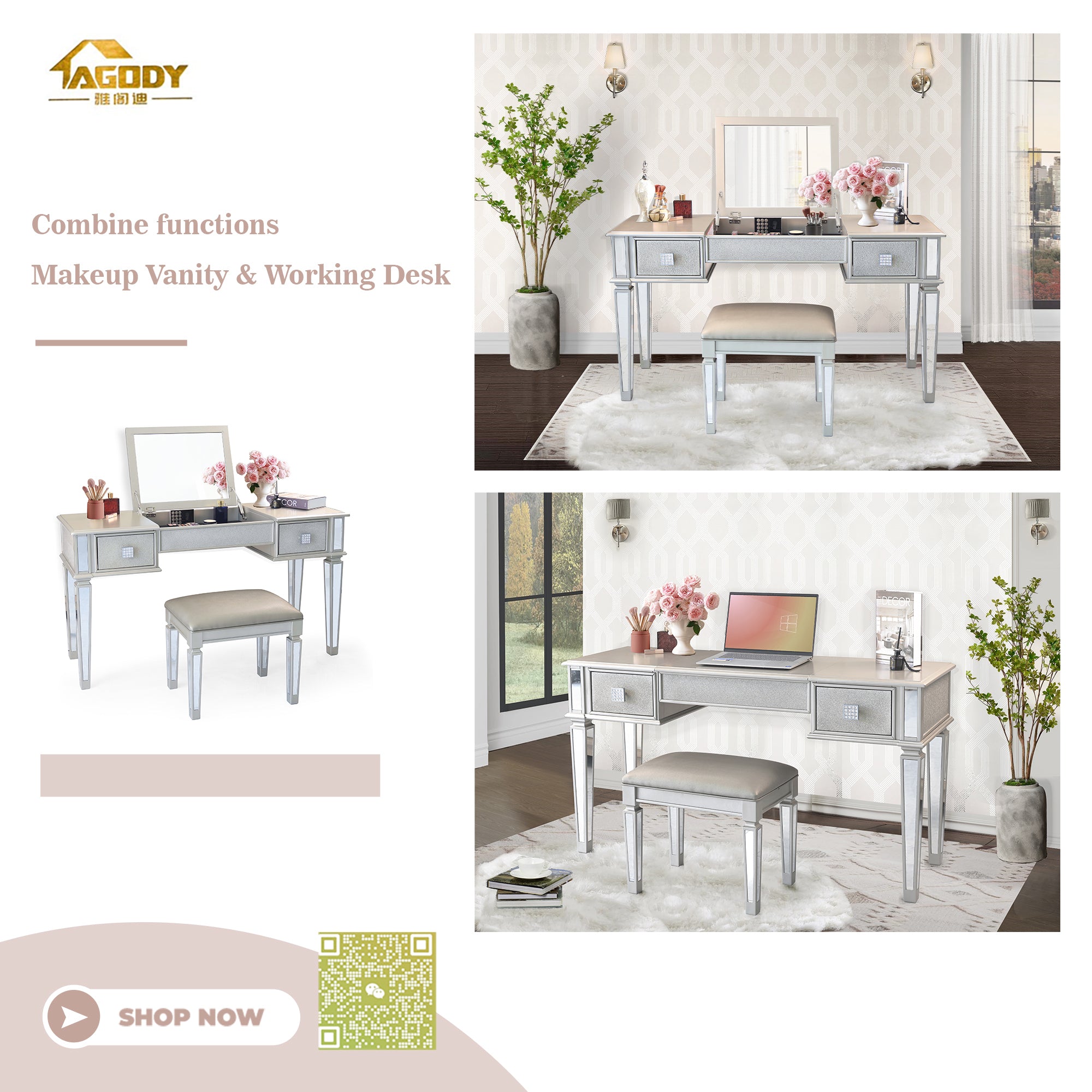 Mirrored Vanities Desk with Drawers, Bedroom Makeup Vanity Table Set with Mirror and Stool - Silver