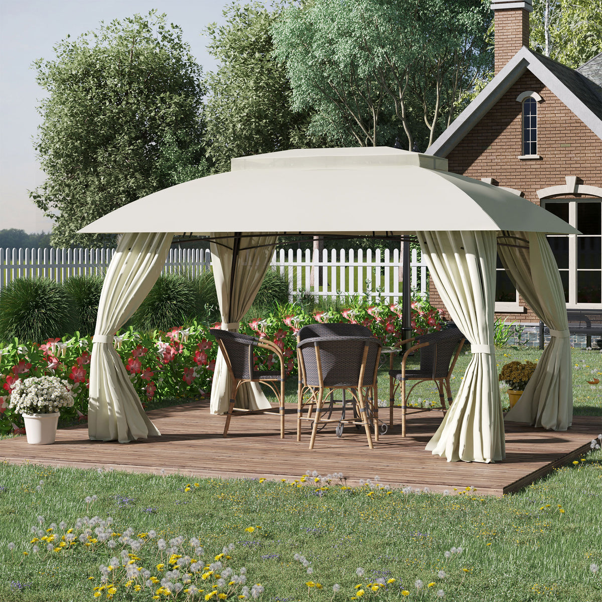 10'x13' Patio Gazebo Canopy, Double Vented Roof, Steel Frame, Curtain Sidewalls, Outdoor Sun Shade Shelter for Garden, Lawn, Backyard, Deck - Beige