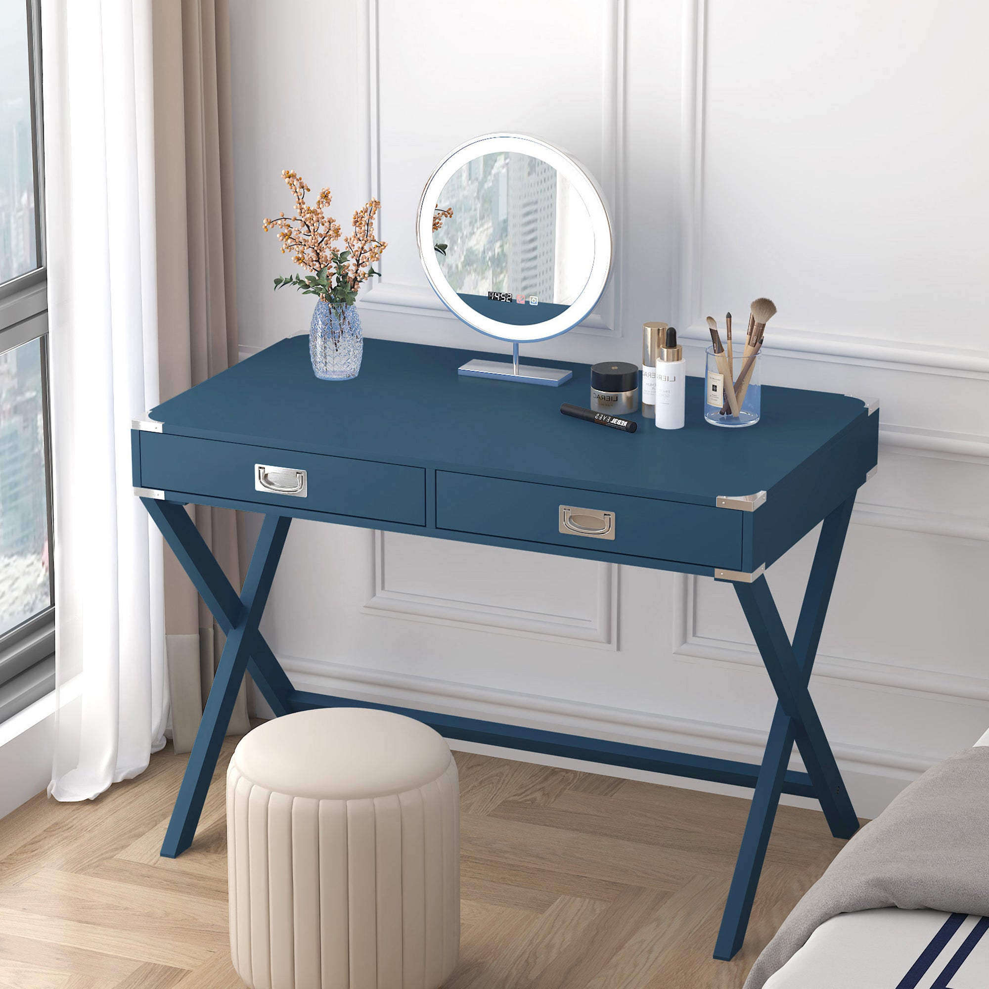 Computer Desk with Storage, Solid Wood Desk with Drawer - Blue