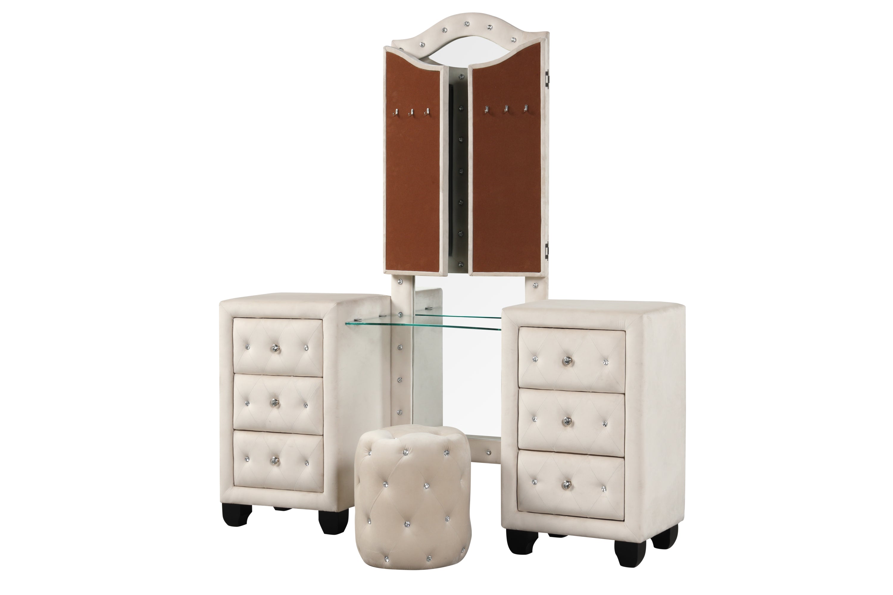 Crystal Tufted Vanity set Made with Wood in Cream