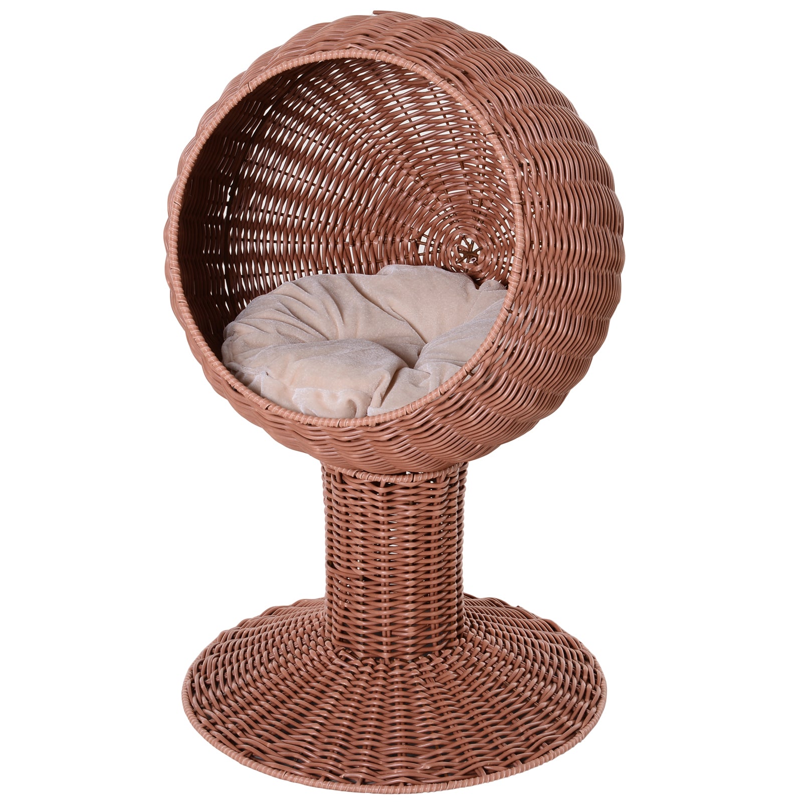 Cat Basket Bed with Thick Cushion, Elevated Bed with Rotatable Egg Chair Pod - Natural Mat Grass Woven Kitty House, Brown