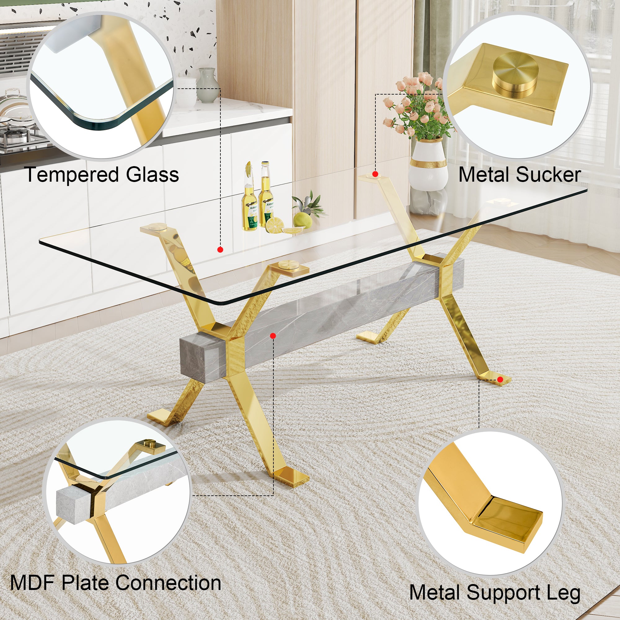 Modern Tempered Glass Dining Table - Transparent with Gold Plated Metal Legs (no chairs included))