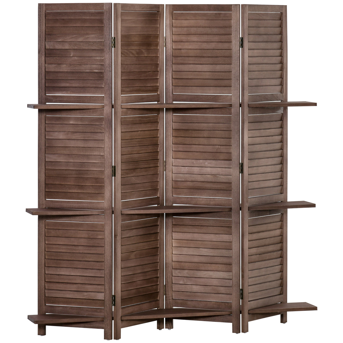 4-Panel Folding Room Divider, 5.6 Ft Freestanding Paulownia Wood Privacy Screen Panel with Storage Shelves for Bedroom or Office, Walnut