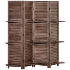 4-Panel Folding Room Divider, 5.6 Ft Freestanding Paulownia Wood Privacy Screen Panel with Storage Shelves for Bedroom or Office, Walnut