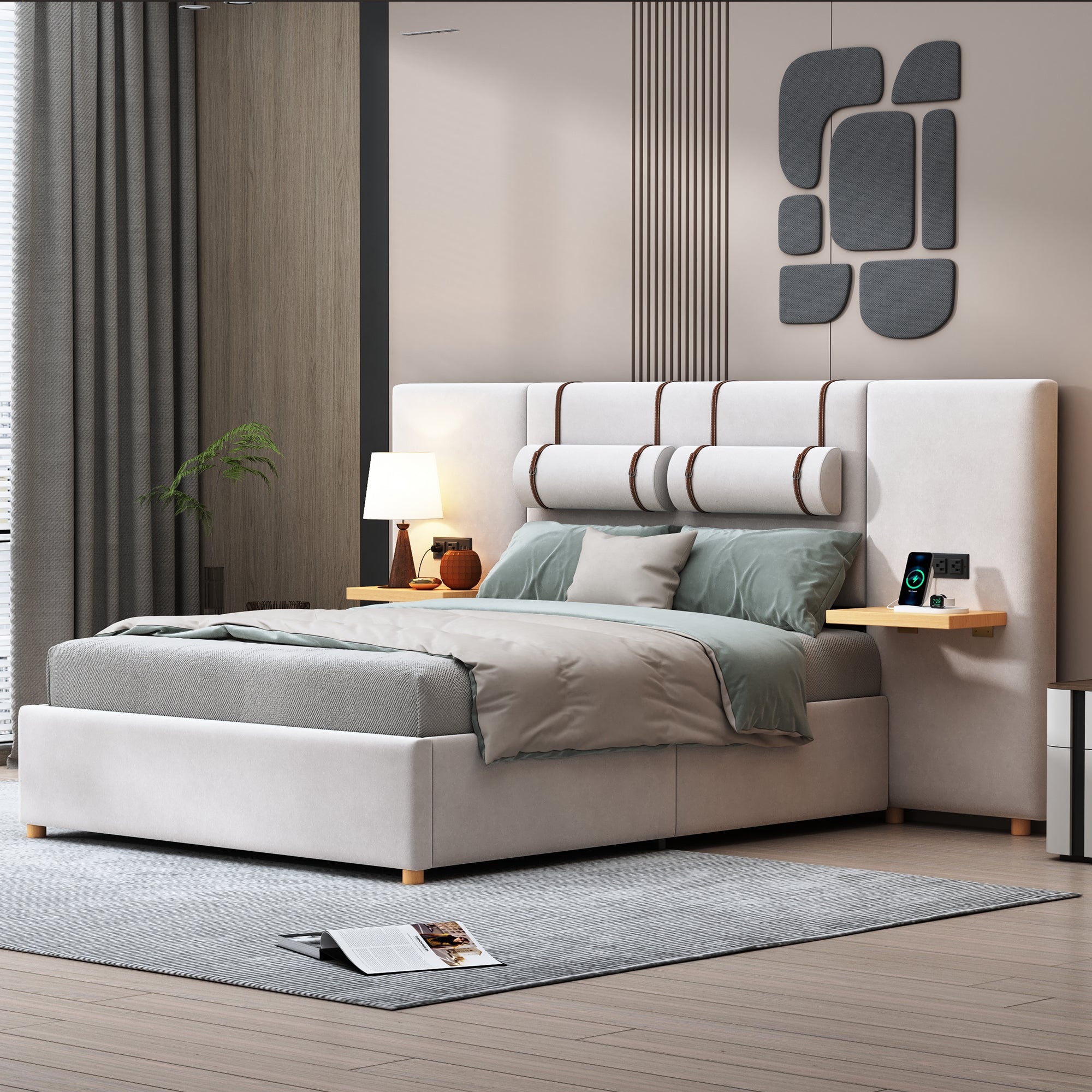 Full Size Upholstered Platform Bed, Two Outlets and USB Charging Ports on Both Sides, Two Bedside Pillows, Storage Shelves,Velvet - Beige