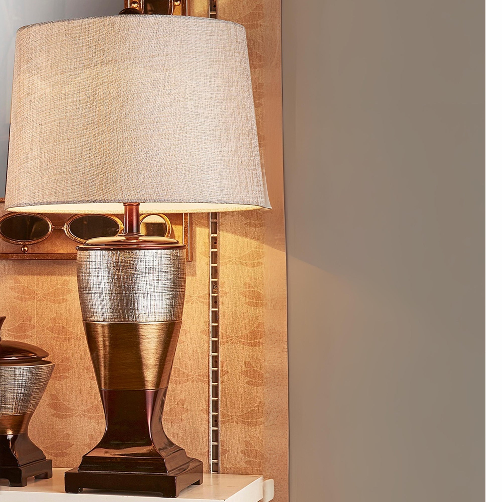 30" Tall Polyresin Table Lamp "Naomi" with Egyptian Design, Silvery Linen Shade