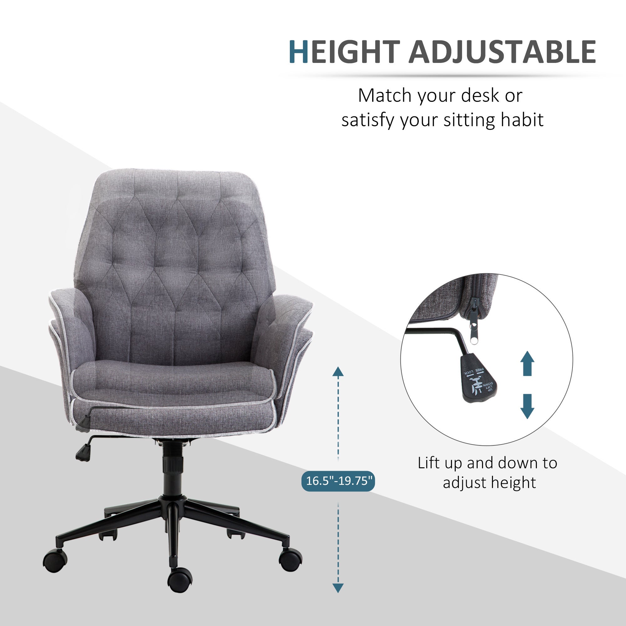 Vinsetto Linen Home Office Chair, Tufted Height Adjustable Computer Desk Chair with Swivel Wheels and Padded Armrests - Dark Gray